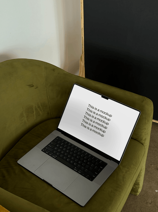 Macbook on Velvet Couch Mockup - Mock Exchange