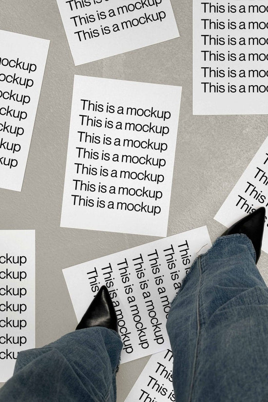 Paper Scattered on Concrete Black Heels Mockup - Mock Exchange