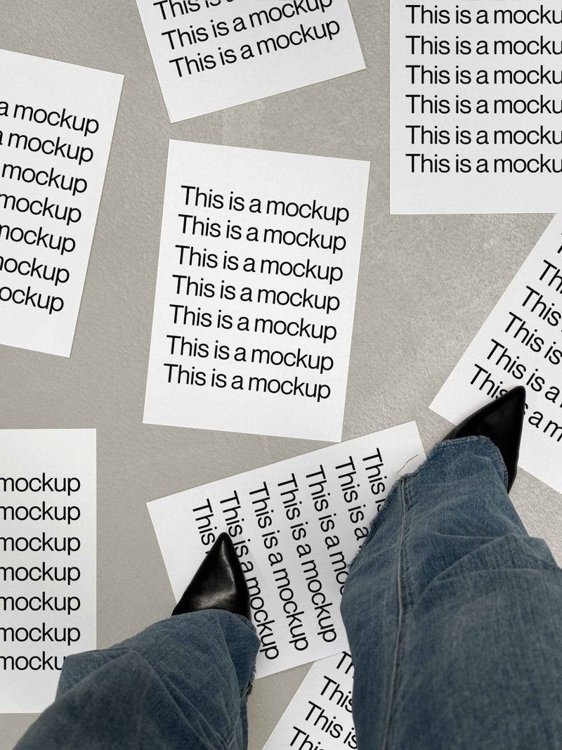 Paper Scattered on Concrete Black Heels Mockup